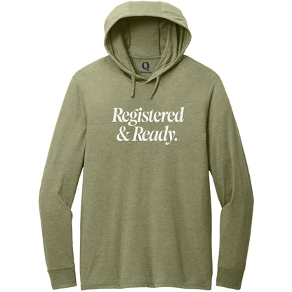 "Registered & Ready." Quorum Tri-Blend Hoodie Tee editorial print in Olive You Green