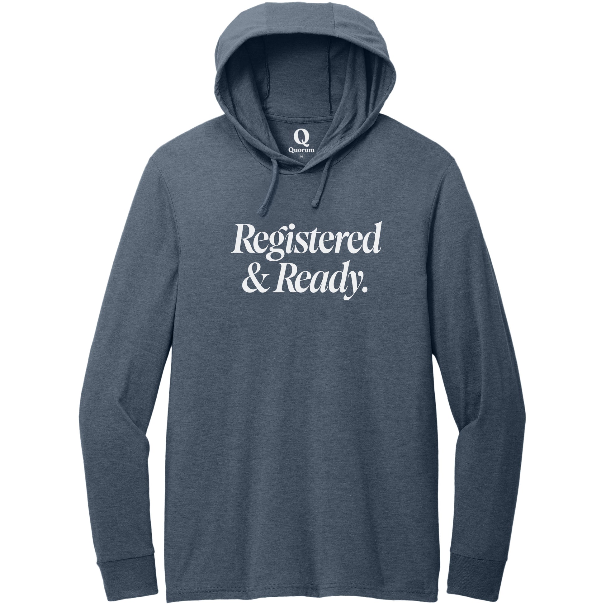 "Registered & Ready." Quorum Tri-Blend Hoodie Tee editorial print in Rebel Blue