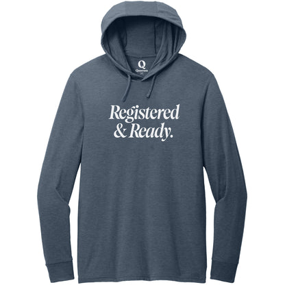 "Registered & Ready." Quorum Tri-Blend Hoodie Tee editorial print in Rebel Blue