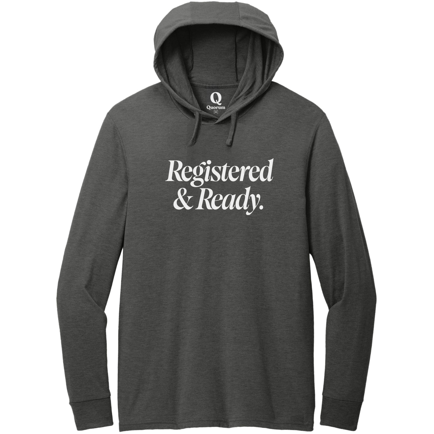 "Registered & Ready." Quorum Tri-Blend Hoodie Tee editorial print in Space Black