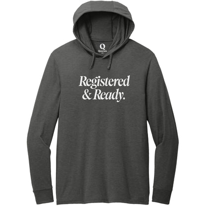 "Registered & Ready." Quorum Tri-Blend Hoodie Tee editorial print in Space Black