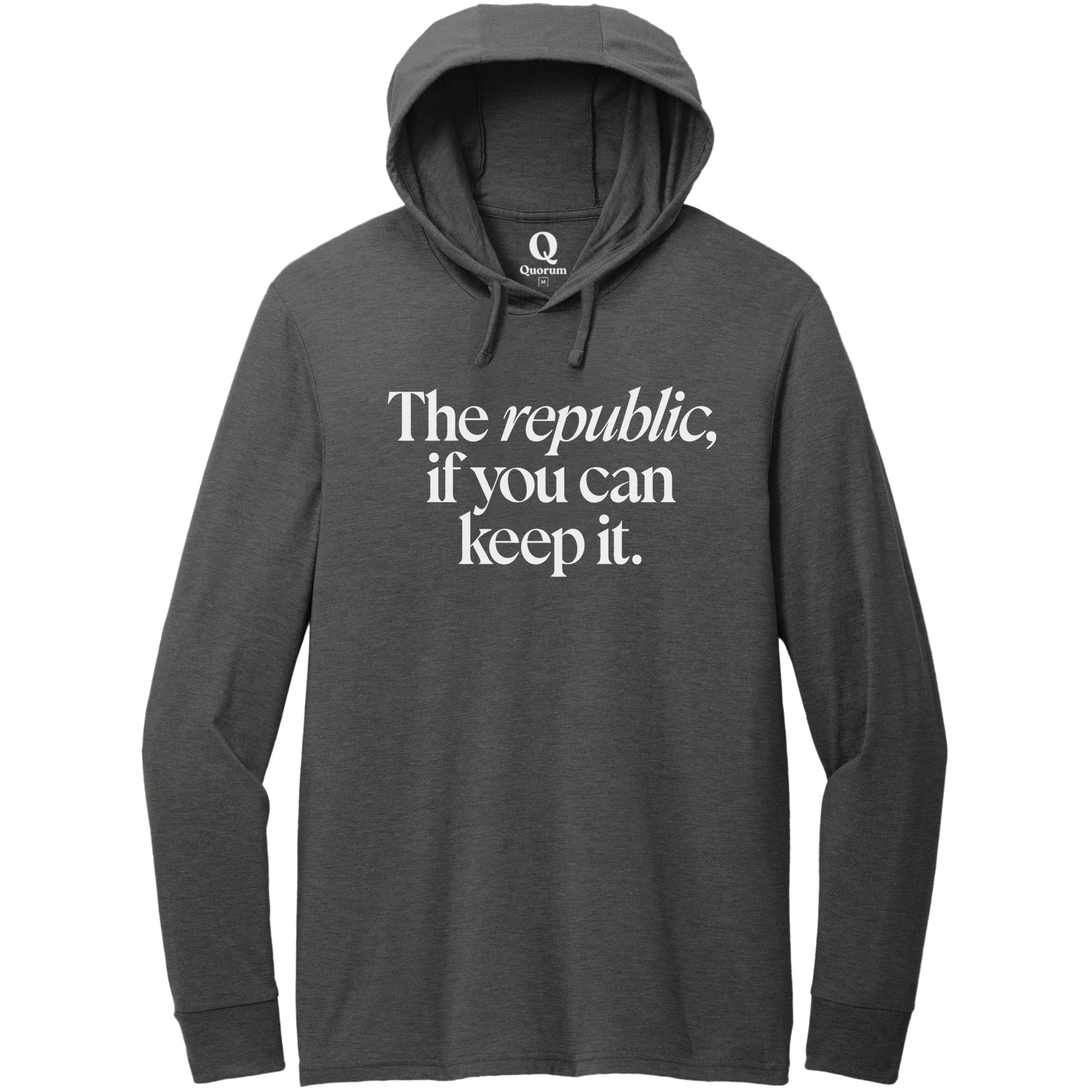 "The republic, if you can keep it." Quorum Tri-Blend Hoodie Tee editorial print in Space Black