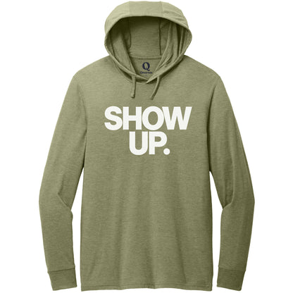 "Show up. Stand up. Suit up." Quorum Tri-Blend Hoodie Tee editorial print in Olive You Green