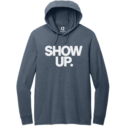 "Show up. Stand up. Suit up." Quorum Tri-Blend Hoodie Tee editorial print in Rebel Blue