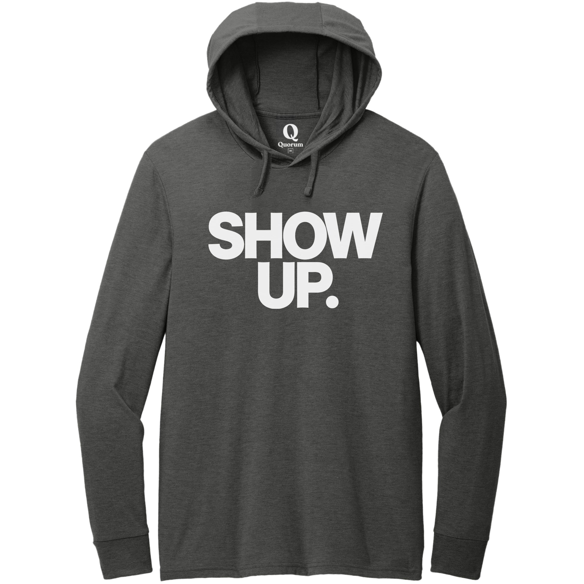 "Show up. Stand up. Suit up." Quorum Tri-Blend Hoodie Tee editorial print in Space Black