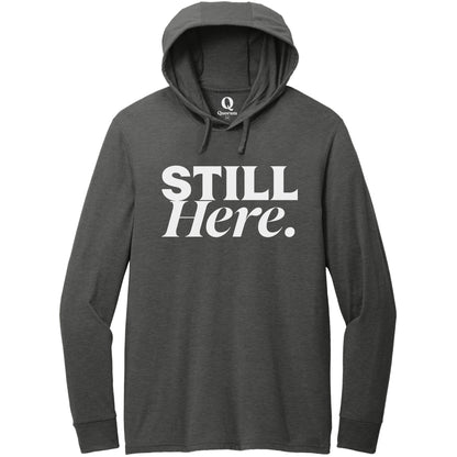 "Still Here." Quorum Tri-Blend Hoodie Tee editorial print in Space Black