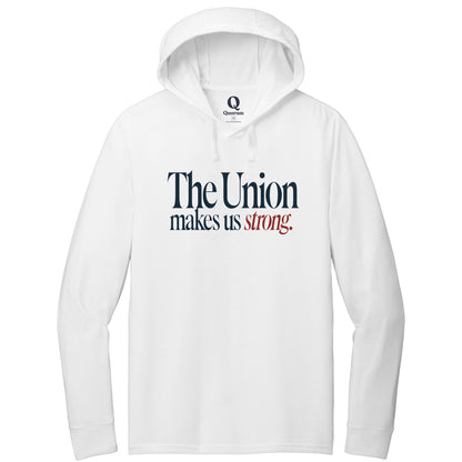 "The Union makes us strong." Quorum Tri-Blend Hoodie Tee front print in Bright White