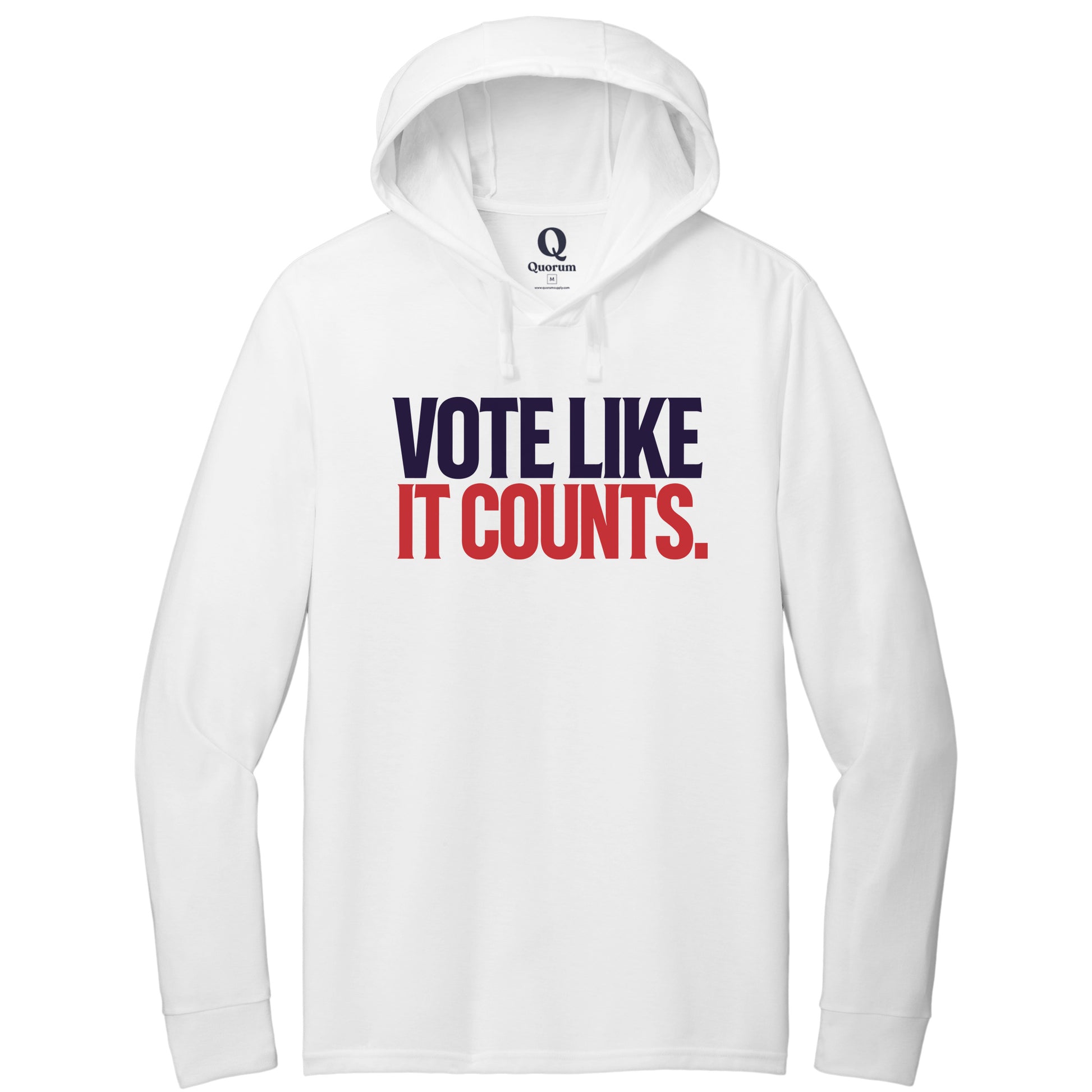 "Vote like it counts." Quorum Tri-Blend Hoodie Tee front print in Bright White