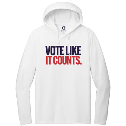 "Vote like it counts." Quorum Tri-Blend Hoodie Tee front print in Bright White