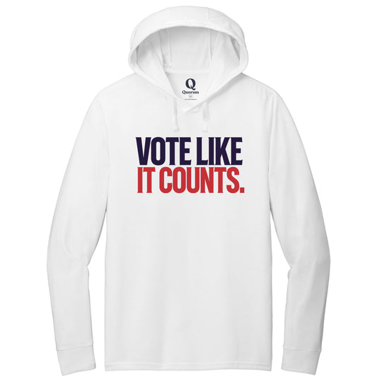 "Vote like it counts." Quorum Tri-Blend Hoodie Tee front print in Bright White