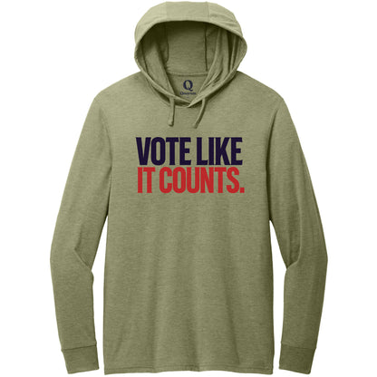 "Vote like it counts." Quorum Tri-Blend Hoodie Tee front print in Olive You Green