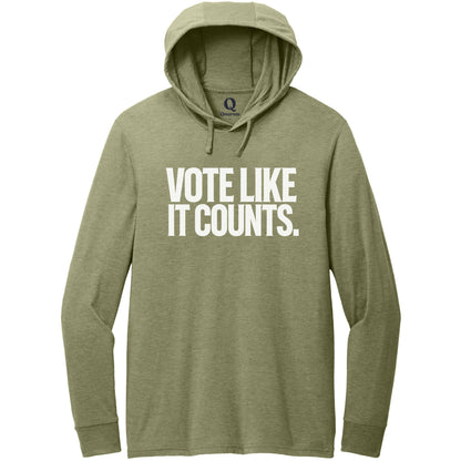 "Vote like it counts." Quorum Tri-Blend Hoodie Tee editorial print in Olive You Green