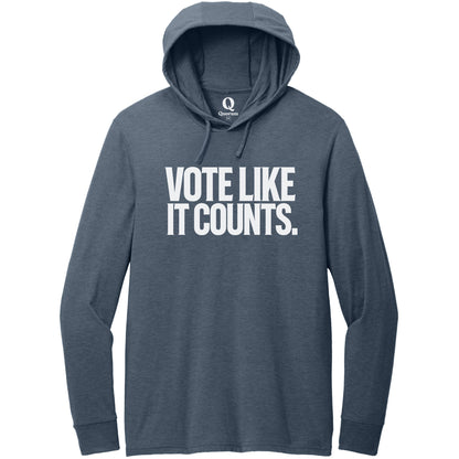 "Vote like it counts." Quorum Tri-Blend Hoodie Tee editorial print in Rebel Blue