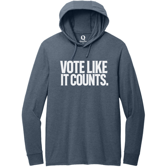 "Vote like it counts." Quorum Tri-Blend Hoodie Tee editorial print in Rebel Blue