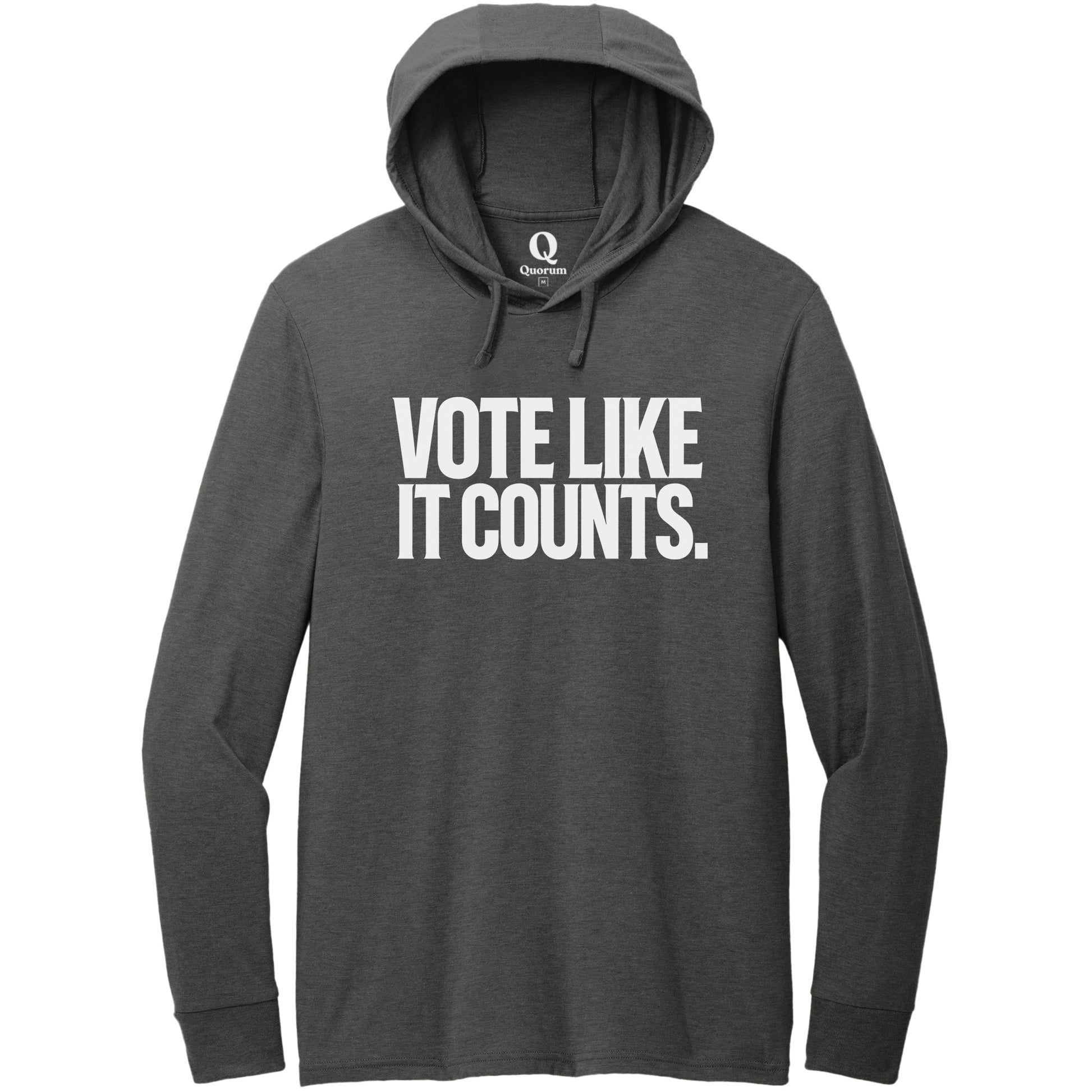"Vote like it counts." Quorum Tri-Blend Hoodie Tee editorial print in Space Black