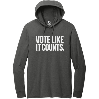 "Vote like it counts." Quorum Tri-Blend Hoodie Tee editorial print in Space Black