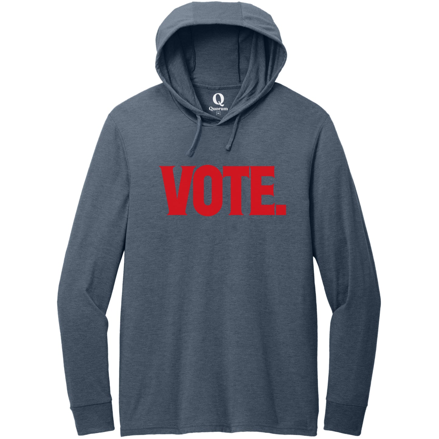 "Vote." Quorum Tri-Blend Hoodie Tee front print in Rebel Blue