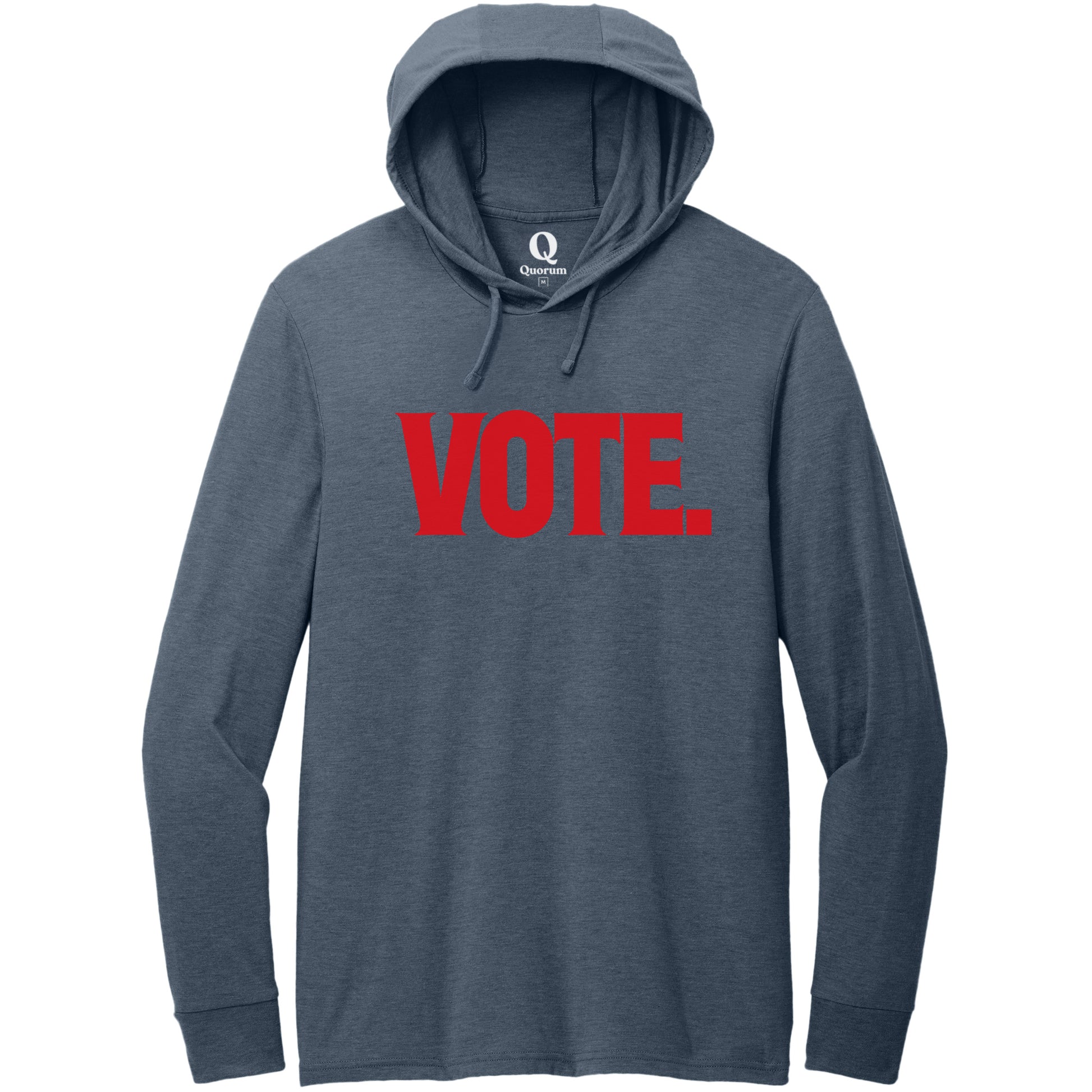 "Vote." Quorum Tri-Blend Hoodie Tee front print in Rebel Blue