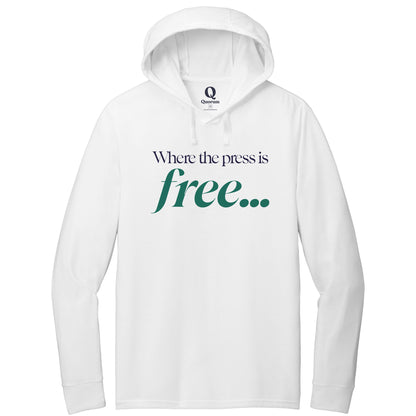 "Where the press is free." Quorum Tri-Blend Hoodie Tee front print in Bright White