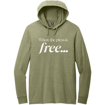 "Where the press is free." Quorum Tri-Blend Hoodie Tee editorial print in Olive You Green