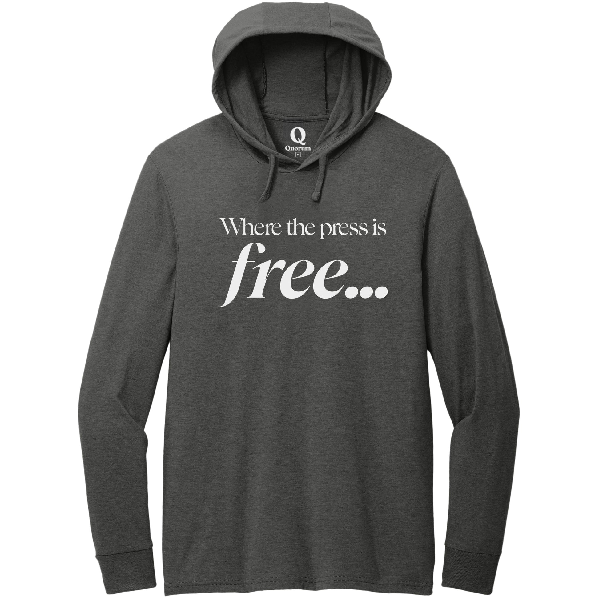 "Where the press is free." Quorum Tri-Blend Hoodie Tee editorial print in Space Black