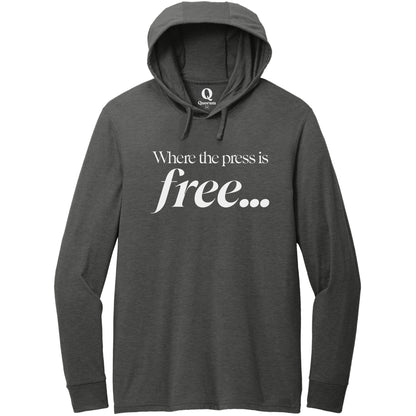 "Where the press is free." Quorum Tri-Blend Hoodie Tee editorial print in Space Black