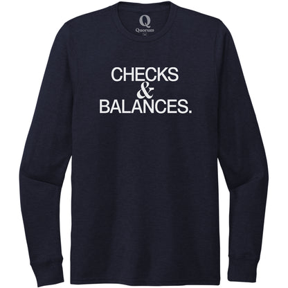 "Checks & Balances." Quorum Unisex Tri-Blend Long Sleeve editorial print in Night Sky Navy