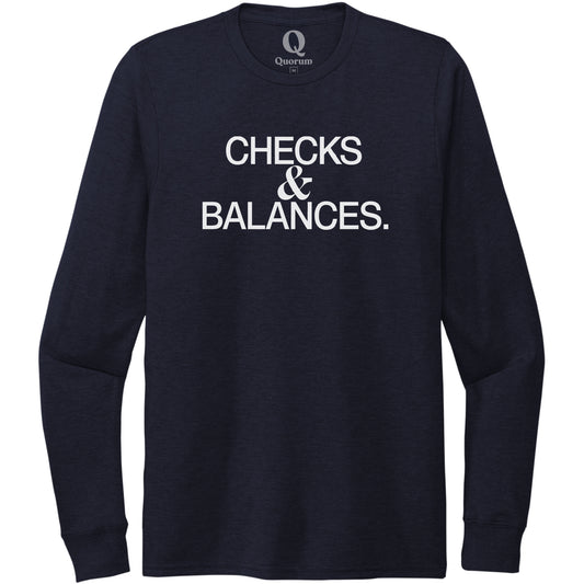 "Checks & Balances." Quorum Unisex Tri-Blend Long Sleeve editorial print in Night Sky Navy