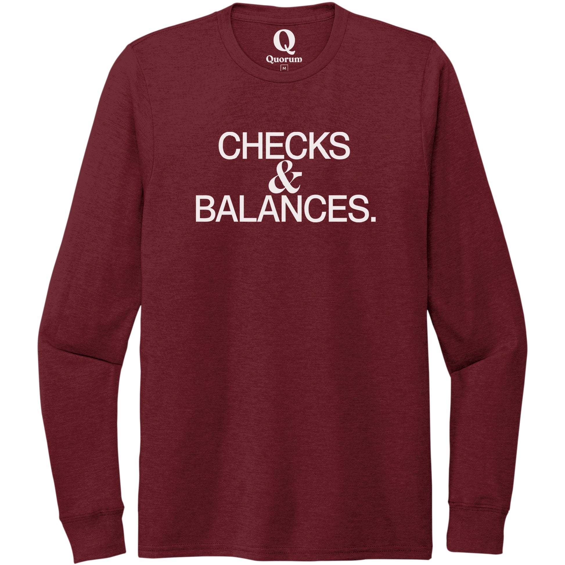 "Checks & Balances." Quorum Unisex Tri-Blend Long Sleeve editorial print in Vino Red