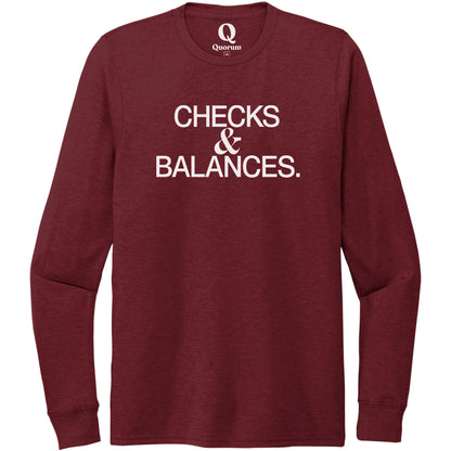 "Checks & Balances." Quorum Unisex Tri-Blend Long Sleeve editorial print in Vino Red