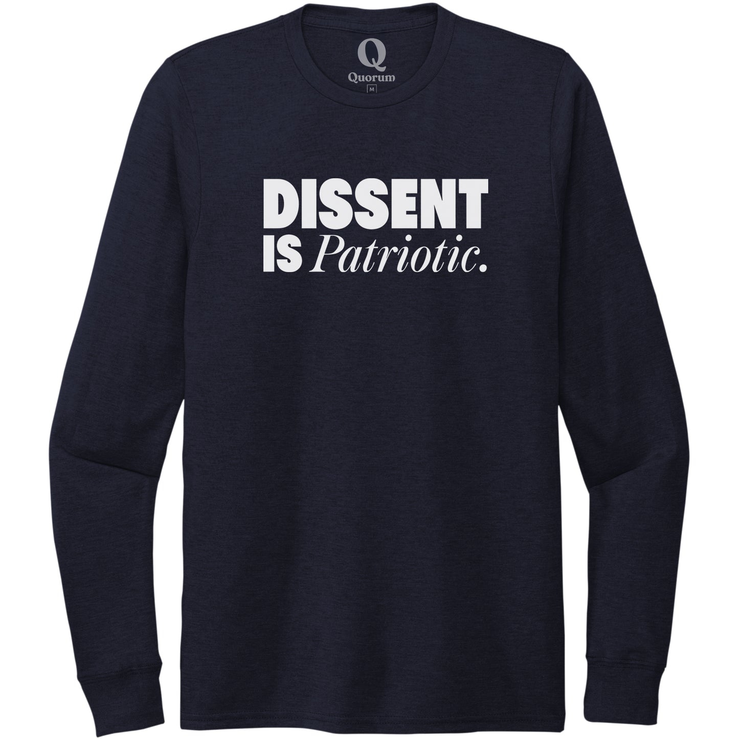 "Dissent is Patriotic." Quorum Unisex Tri-Blend Long Sleeve editorial print in Night Sky Navy