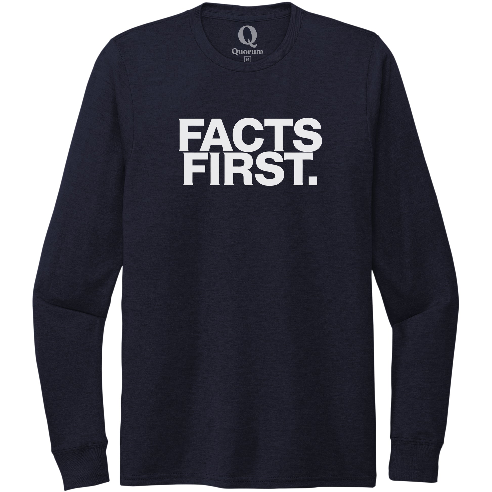 "Facts First." Quorum Unisex Tri-Blend Long Sleeve editorial print in Night Sky Navy
