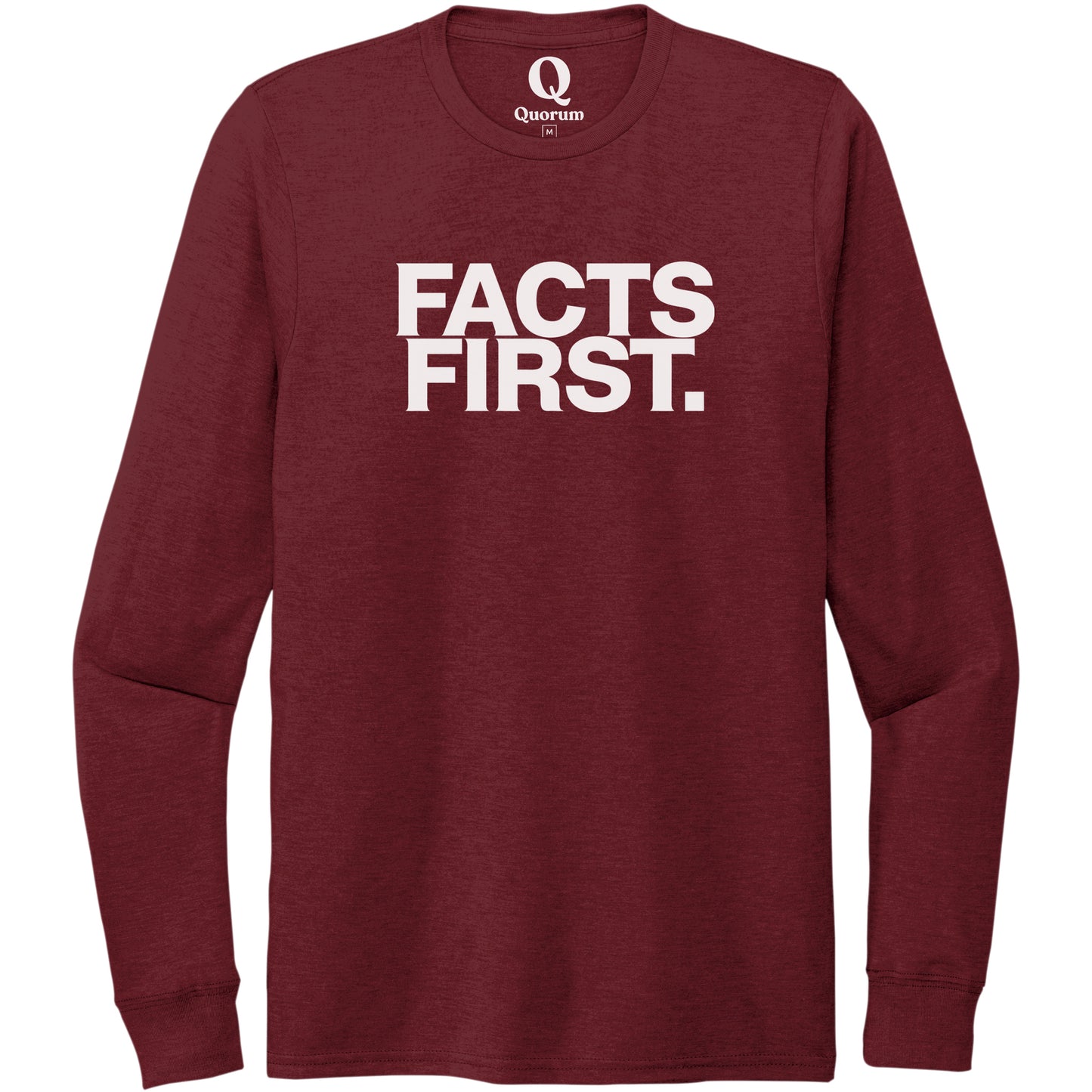 "Facts First." Quorum Unisex Tri-Blend Long Sleeve editorial print in Vino Red
