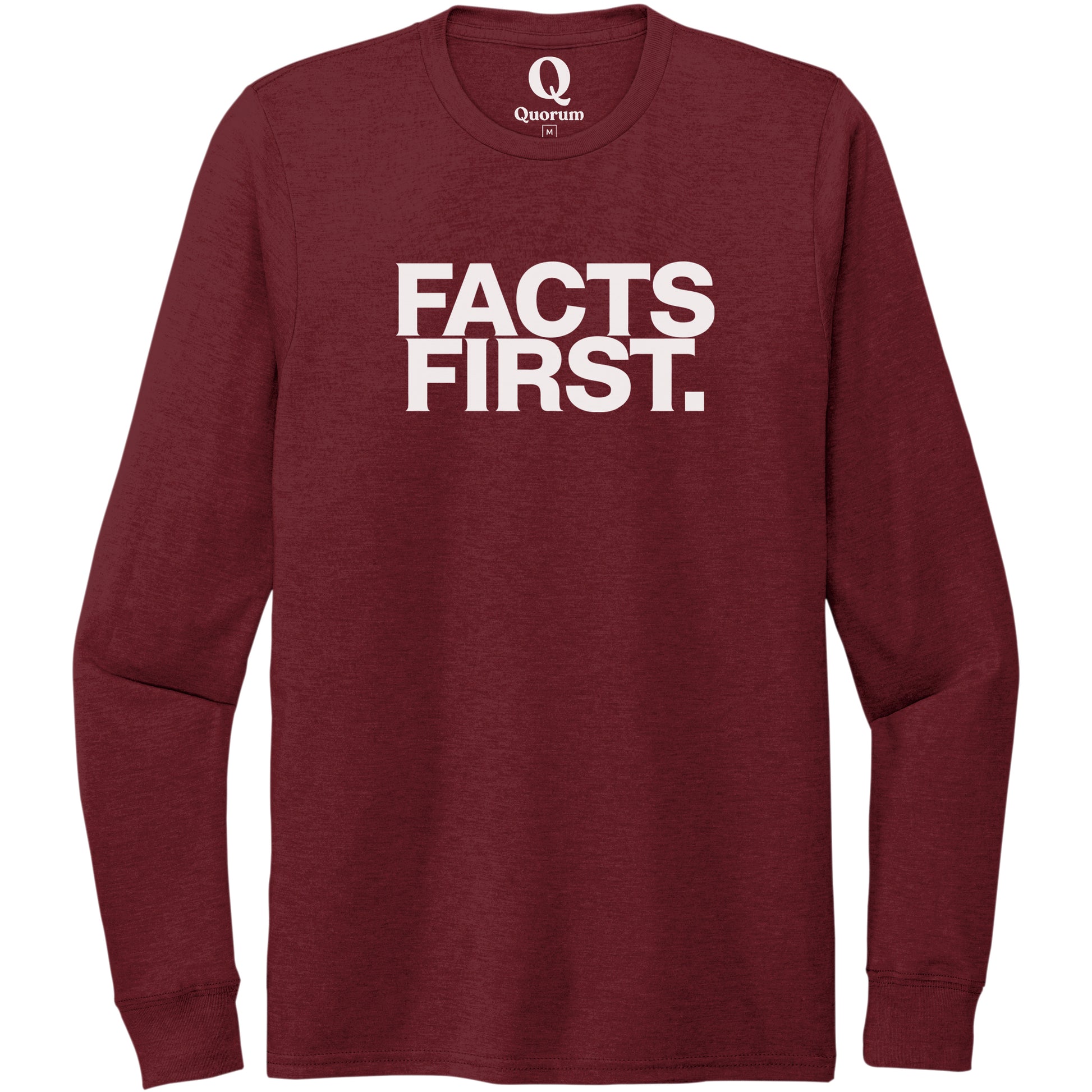 "Facts First." Quorum Unisex Tri-Blend Long Sleeve editorial print in Vino Red