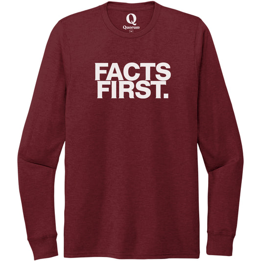 "Facts First." Quorum Unisex Tri-Blend Long Sleeve editorial print in Vino Red