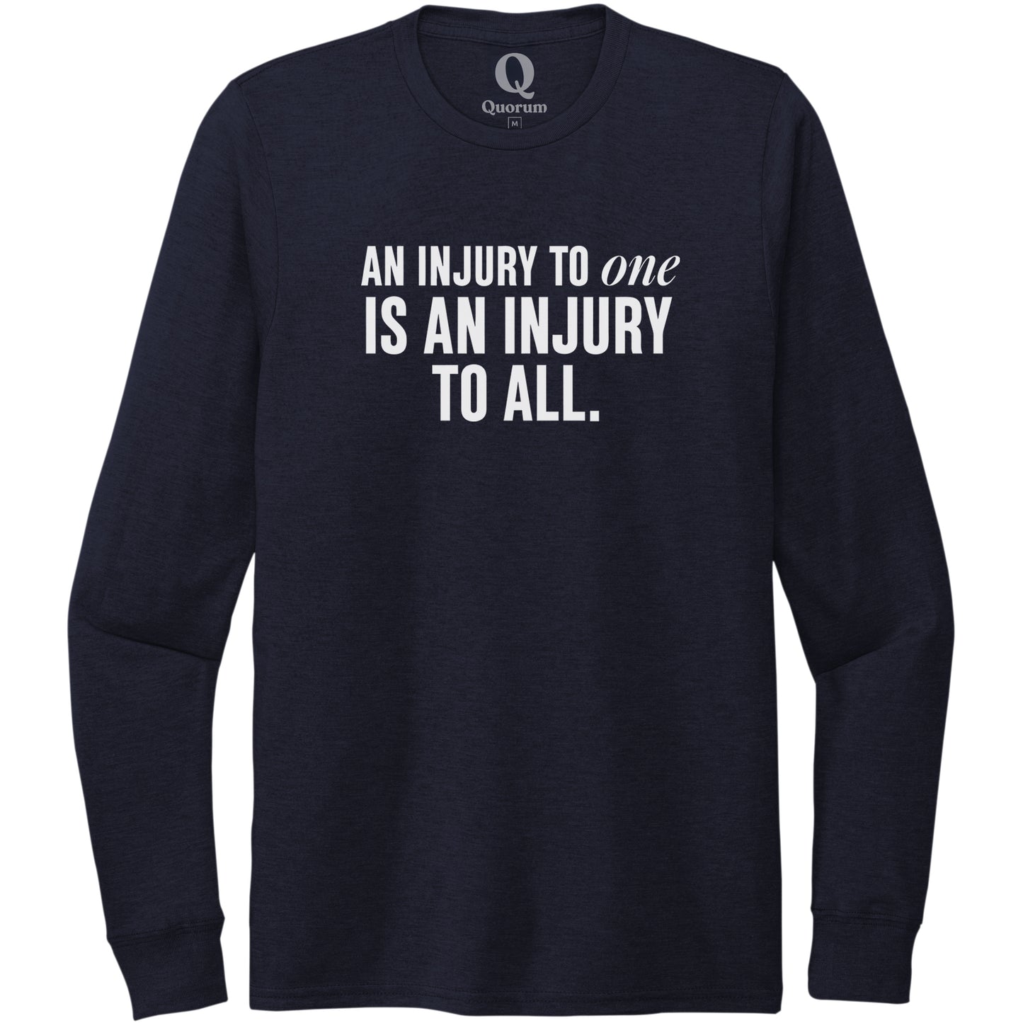 "An injury to one is an injury to all." Quorum Unisex Tri-Blend Long Sleeve editorial print in Night Sky Navy