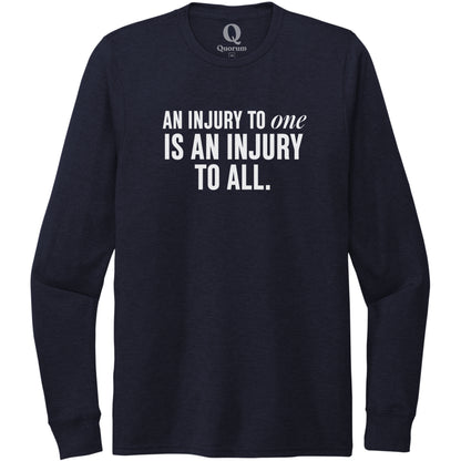 "An injury to one is an injury to all." Quorum Unisex Tri-Blend Long Sleeve editorial print in Night Sky Navy