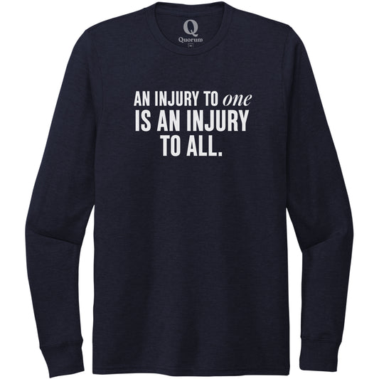 "An injury to one is an injury to all." Quorum Unisex Tri-Blend Long Sleeve editorial print in Night Sky Navy