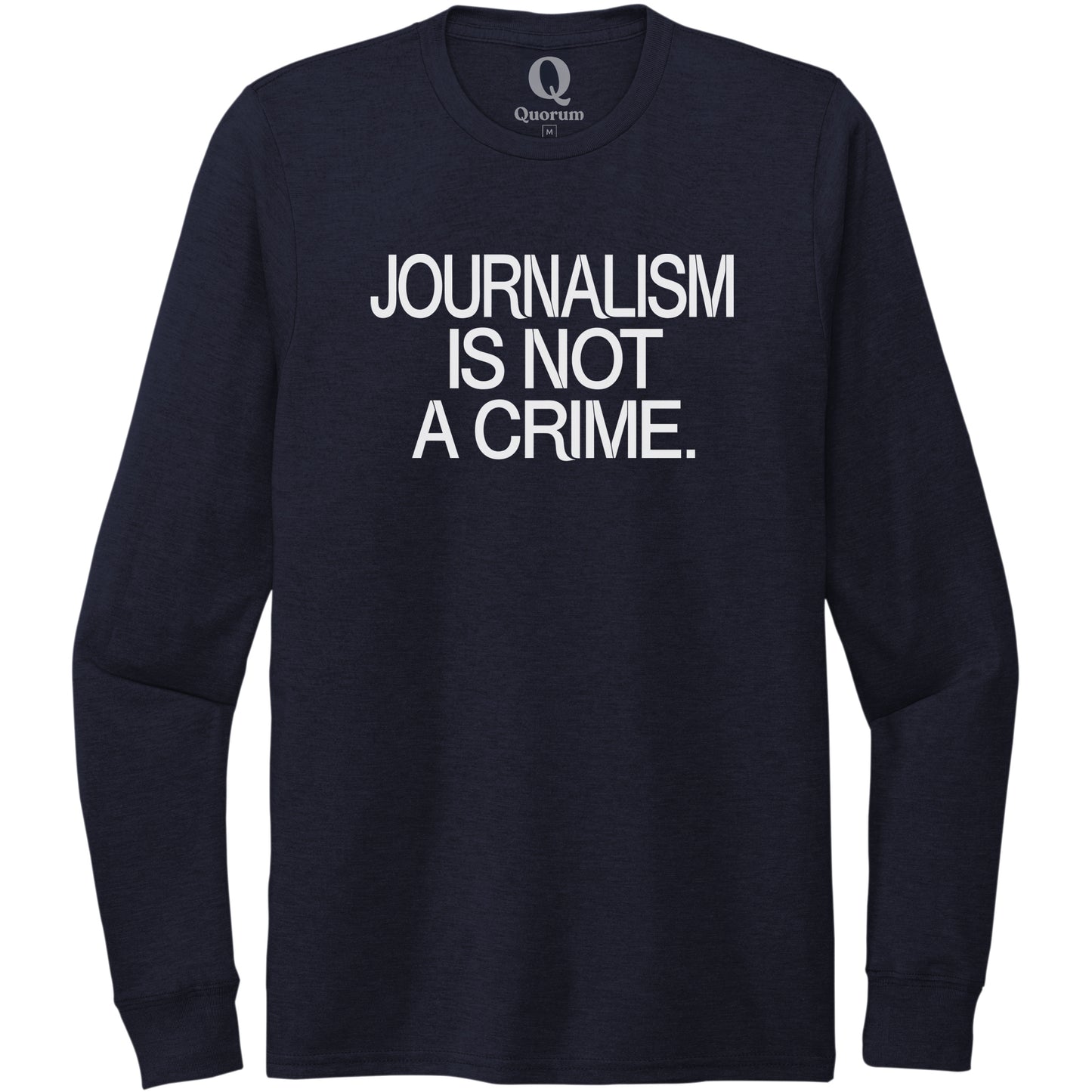 "Journalism is not a crime." Quorum Unisex Tri-Blend Long Sleeve editorial print in Night Sky Navy