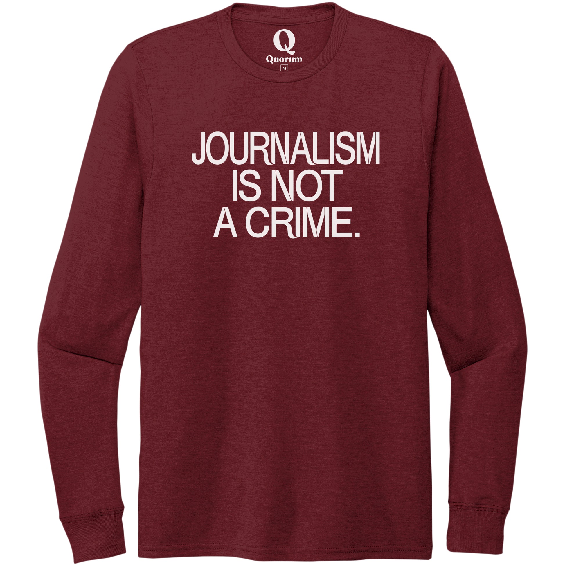 "Journalism is not a crime." Quorum Unisex Tri-Blend Long Sleeve editorial print in Vino Red