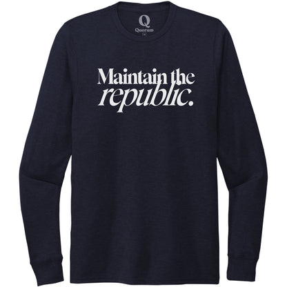 "Maintain the republic." Quorum Unisex Tri-Blend Long Sleeve editorial print in Night Sky Navy