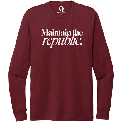 "Maintain the republic." Quorum Unisex Tri-Blend Long Sleeve editorial print in Vino Red