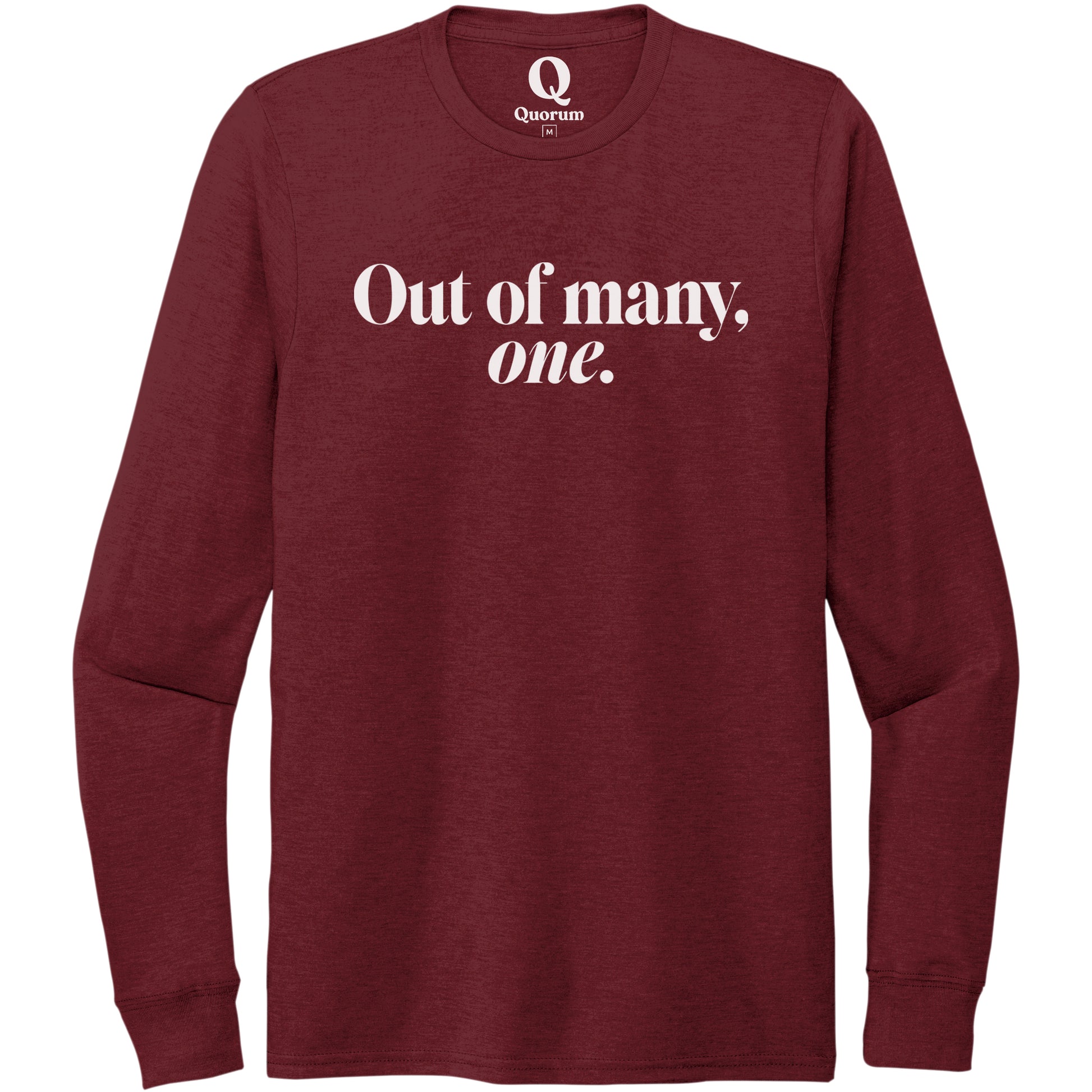 "Out of many, one." Quorum Unisex Tri-Blend Long Sleeve editorial print in Vino Red