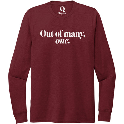 "Out of many, one." Quorum Unisex Tri-Blend Long Sleeve editorial print in Vino Red