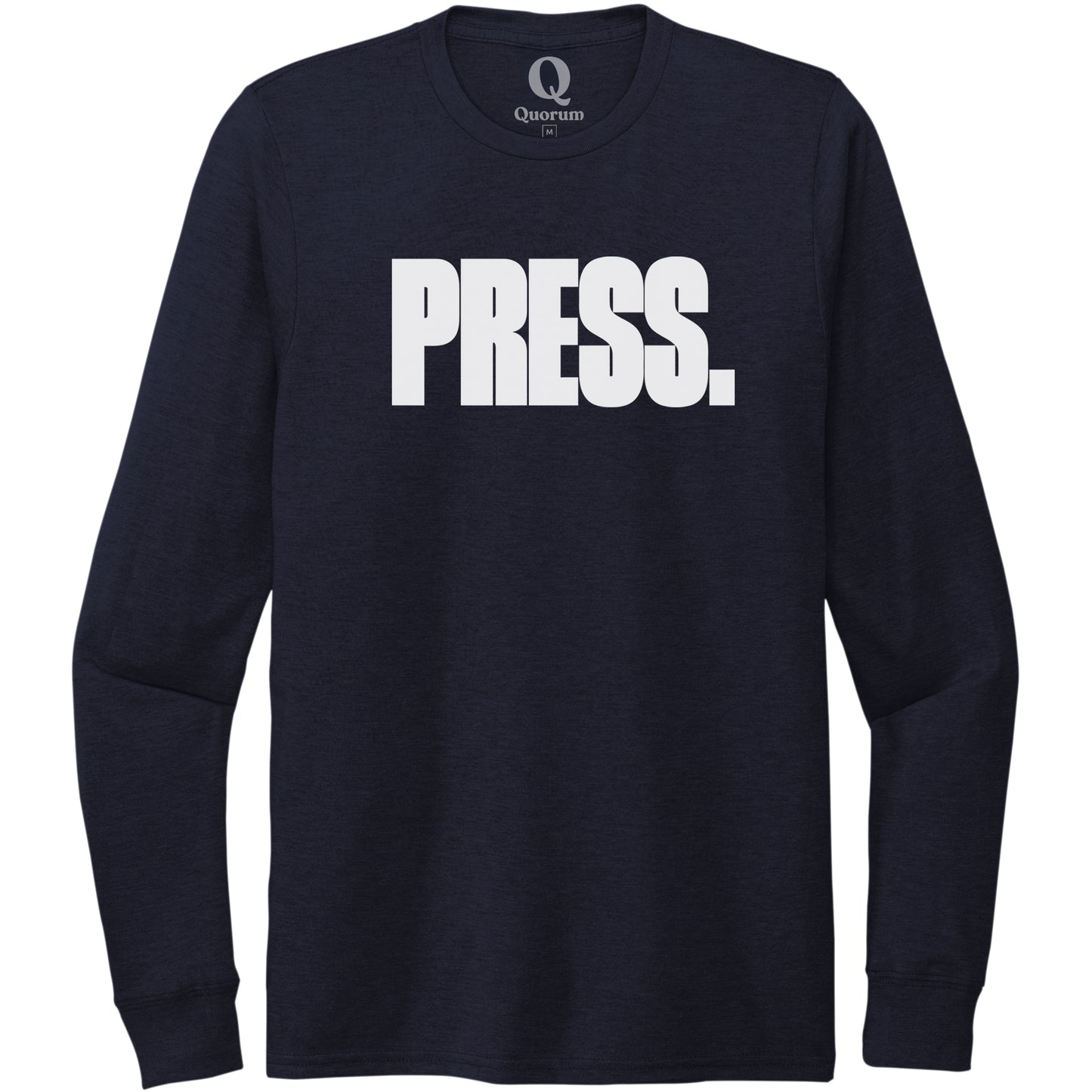 "Press." Quorum Unisex Tri-Blend Long Sleeve editorial print in Night Sky Navy