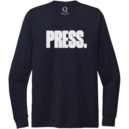 "Press." Quorum Unisex Tri-Blend Long Sleeve editorial print in Night Sky Navy