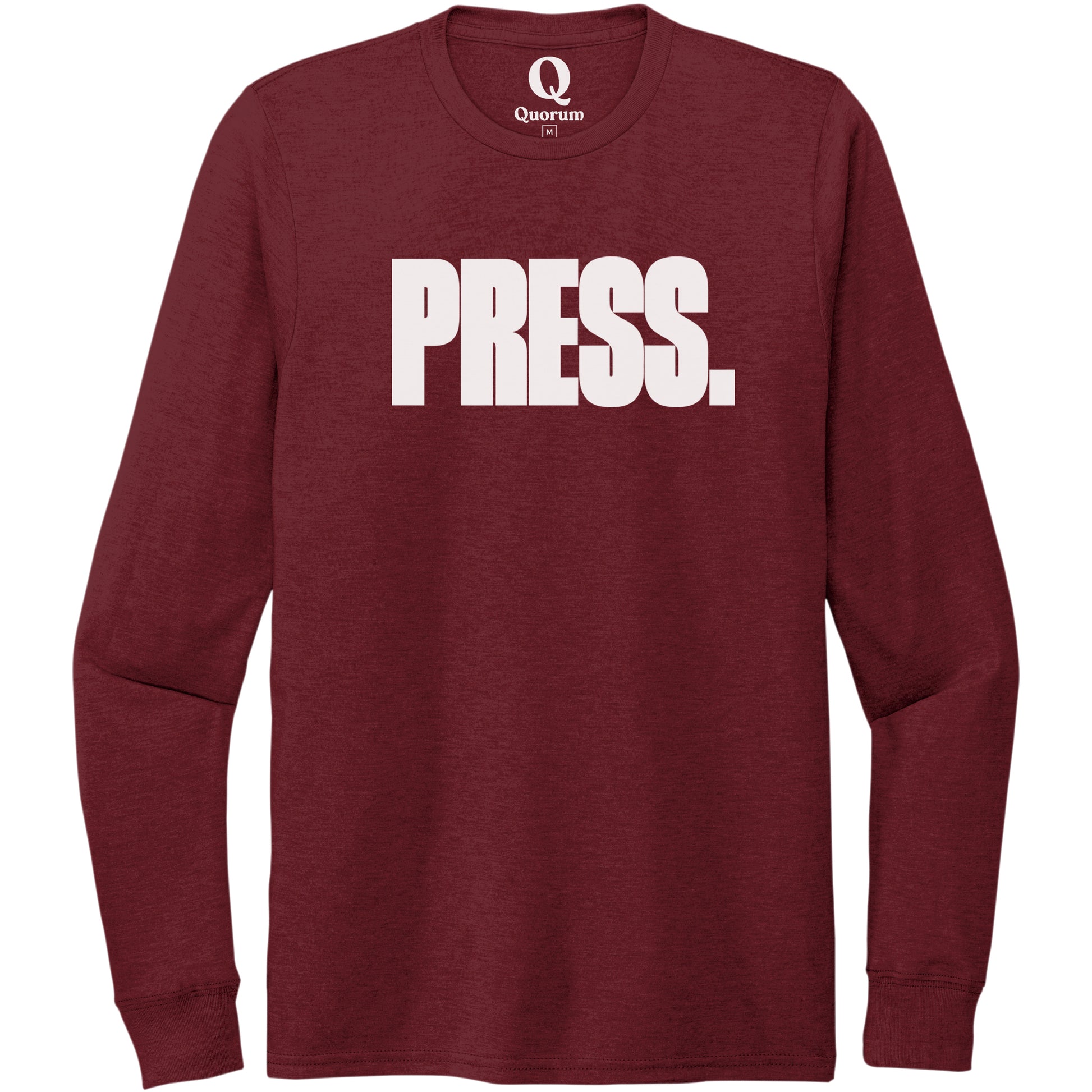 "Press." Quorum Unisex Tri-Blend Long Sleeve editorial print in Vino Red