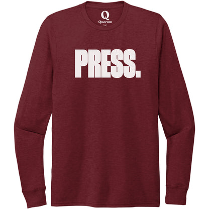 "Press." Quorum Unisex Tri-Blend Long Sleeve editorial print in Vino Red