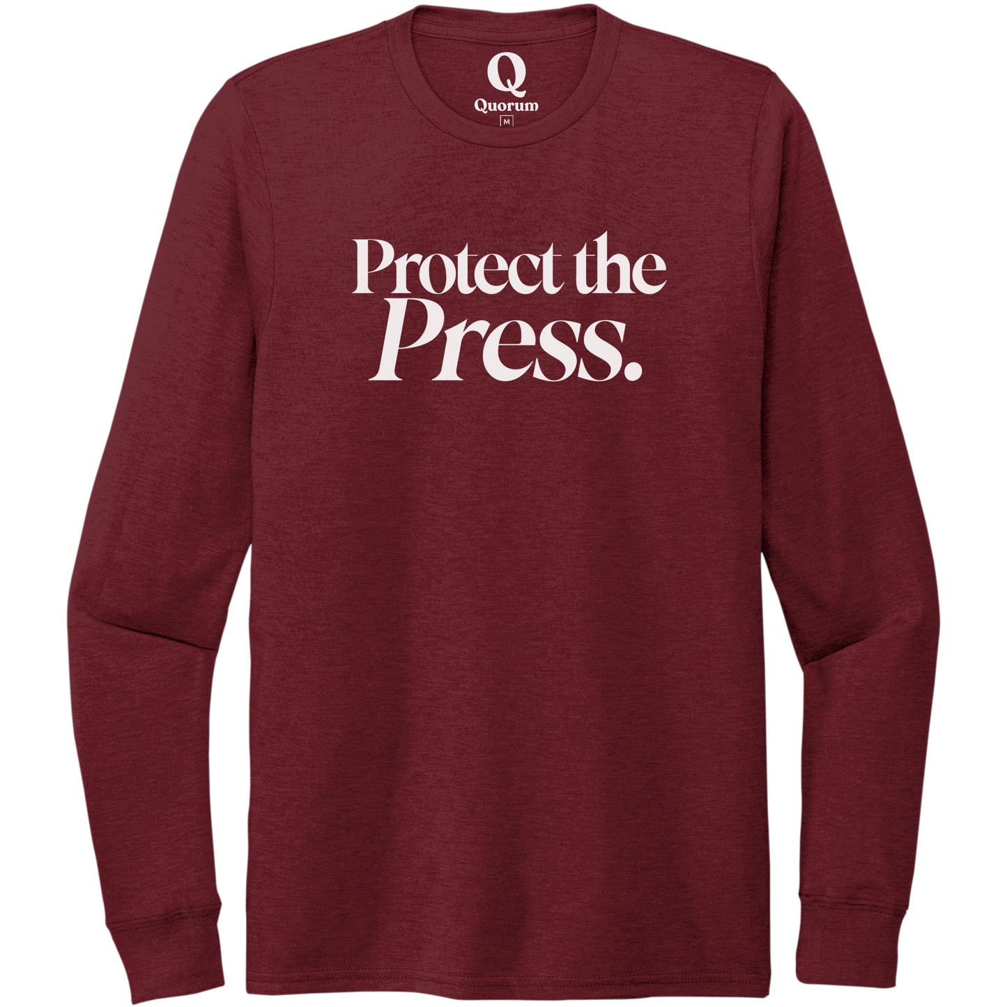 "Protect the Press." Quorum Unisex Tri-Blend Long Sleeve editorial print in Vino Red
