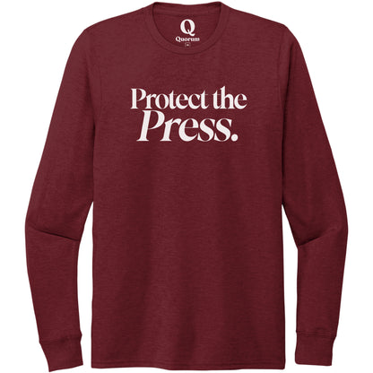 "Protect the Press." Quorum Unisex Tri-Blend Long Sleeve editorial print in Vino Red
